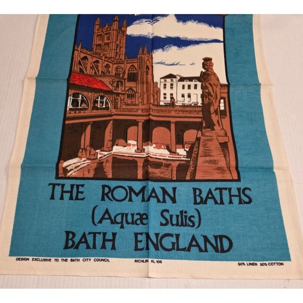 Vintage Roman Baths England Linen Cotton Tea Towel Wall Hanging Bath 19